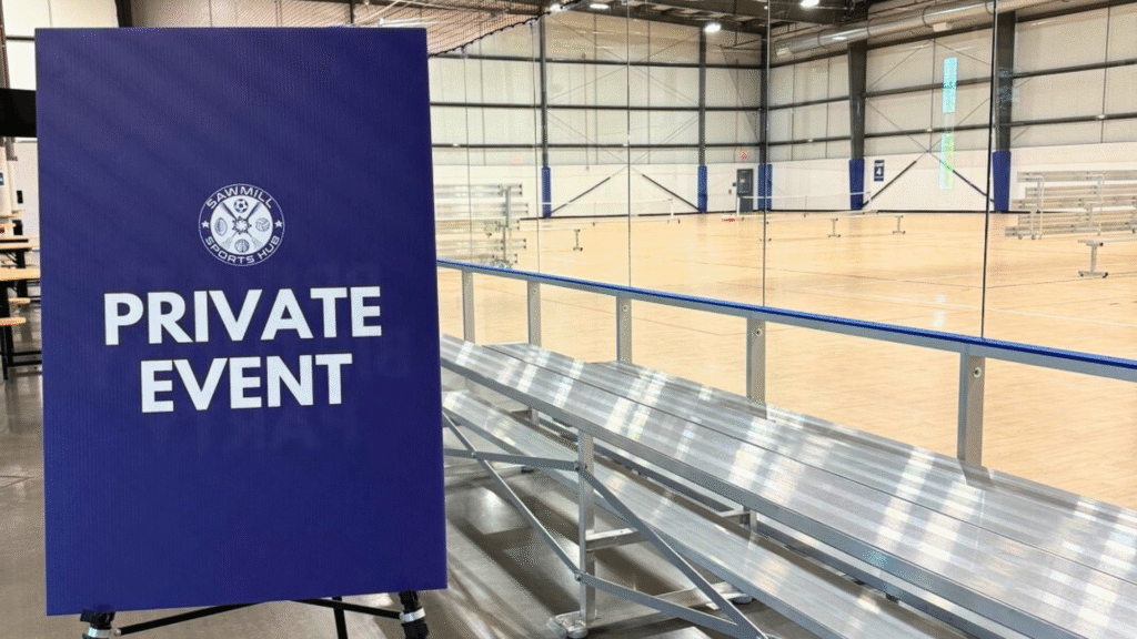 Indoor basketball courts at Sawmill Sports Hub set up for a private event in DuPage County
