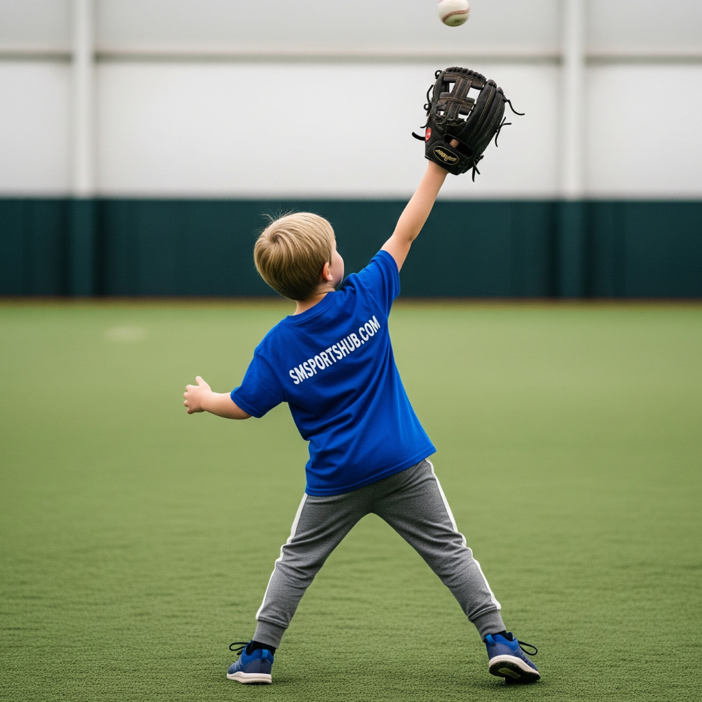 A 4-year-old boy, viewed from the back, stands on a green indoor baseball field. He wears a blue t-shirt with "smsportshub.com" on the back and holds a baseball glove.