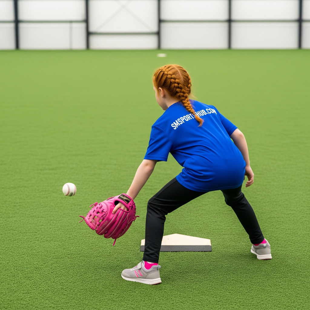 A 4-year-old girl with a red braid, viewed from the back, leans up to catch a baseball at Sawmill Sports Hub on the indoor turf.