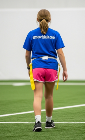 Dynamic shot of a girls-only flag football league game at Sawmill Sports Hub, featuring diverse youth female athletes enjoying skill development and teamwork on a green field in Willowbrook, IL.