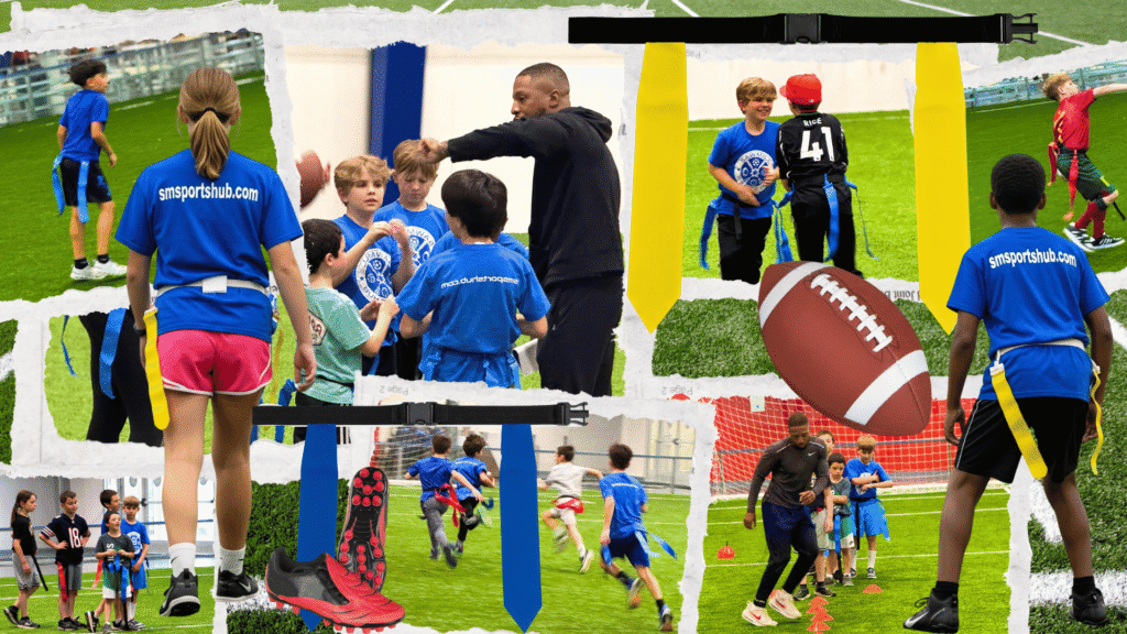 A collage of kids at Sawmill Sports Hub wearing flags around their waists and playing flag football on indoor turf.