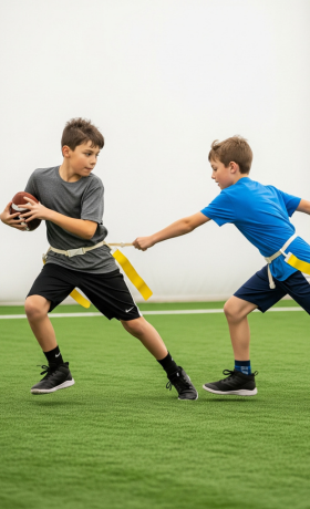 Kids at Sawmill Sports Hub wearing flags around their waists and playing flag football on indoor turf.