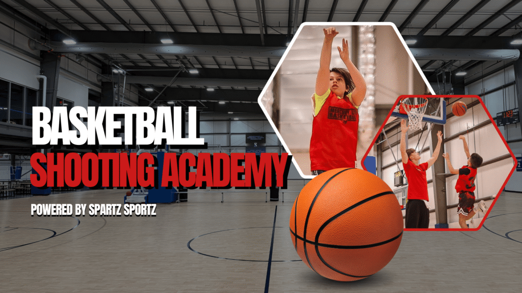 An image of kids shooting basketballs at Sawmill Sports Hub. The shooting academy helps kids improve their form, technique and shooting to improve their overall basketball game and confidence at Sawmill Sports Hub.