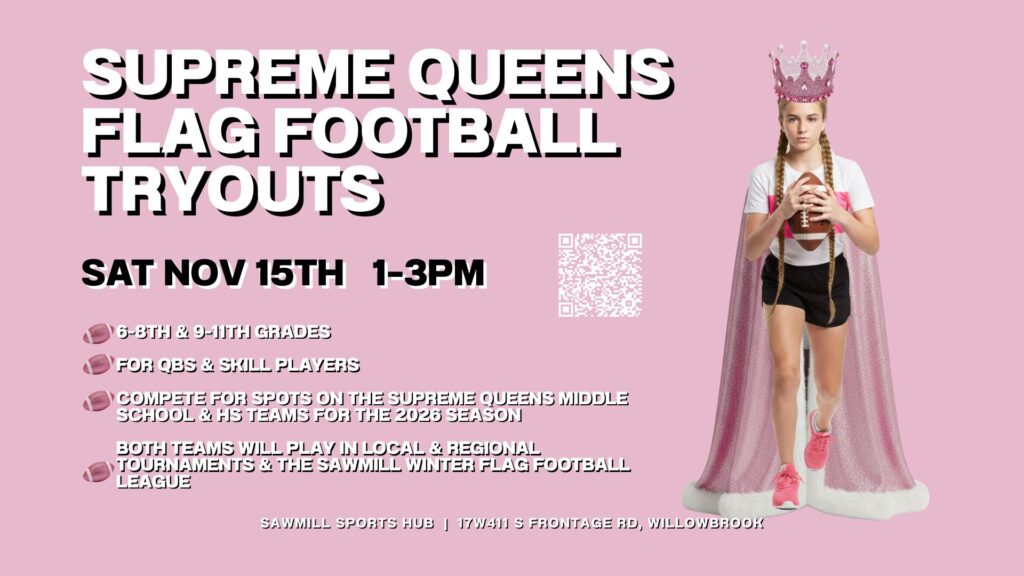 Tryouts for the elite Supreme Queens flag football program, powered by Next Level Quarterback Academy, are strictly limited to 80 athletes seeking unparalleled regional competition and specialized QB and skill-player development for the 2026 season. Happening November 15, 2025 at Sawmill Sports Hub, athletes will tryout for competitive 7v7 girls flag.