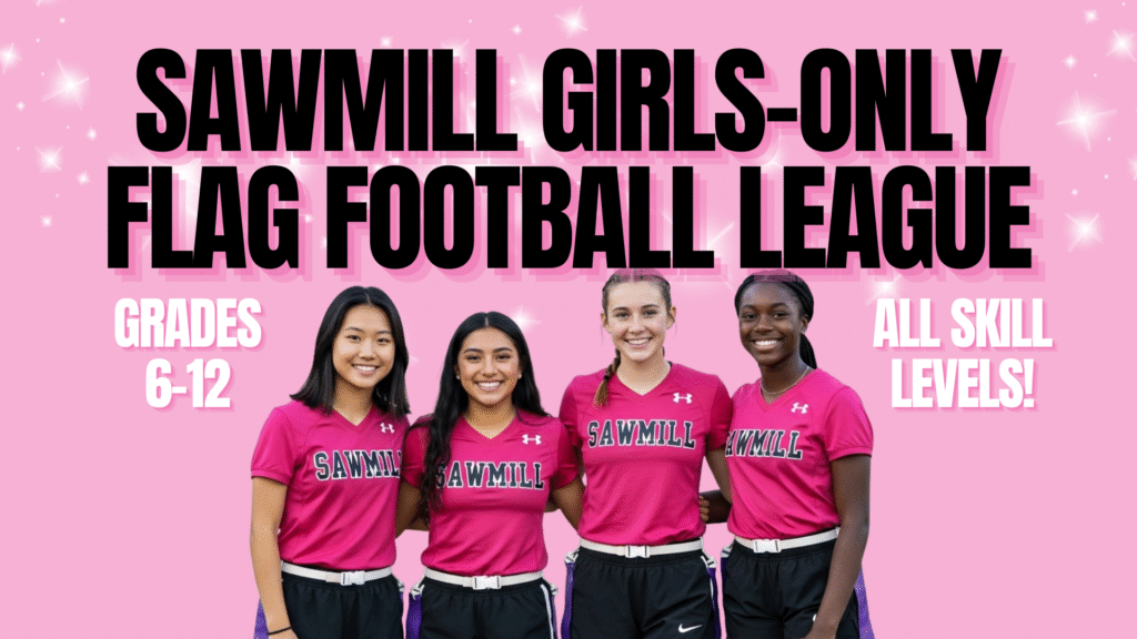 Girls Flag Football at Sawmill Sports Hub in Willowbrook IL with players playing and smiling during a youth game.