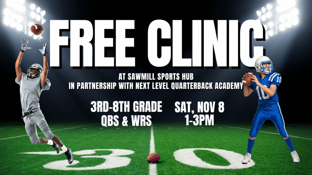 Free youth football clinic at Sawmill Sports Hub in Willowbrook IL for 3rd-8th grade quarterbacks (QB) and wide receivers (WR) focusing on elite mechanics training.