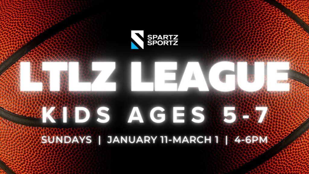 Young players ages 5–7 learning basketball fundamentals with Spartz Sportz coaches at Sawmill Sports Hub during the LTLZ Basketball League.