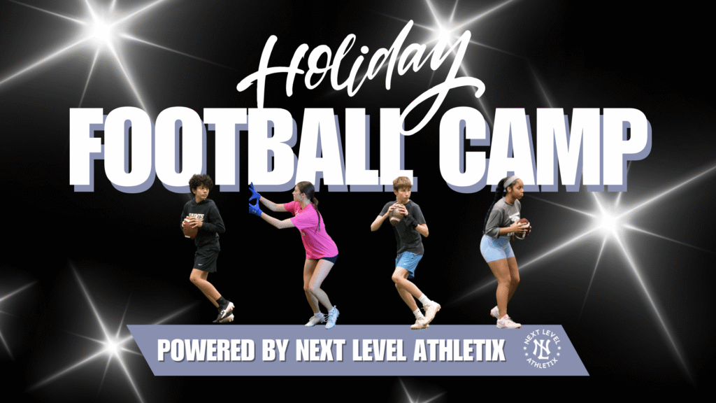 A graphic showcasing youth football athletes and text highlighting the upcoming winter break football camp powered by Next Level Athletix.