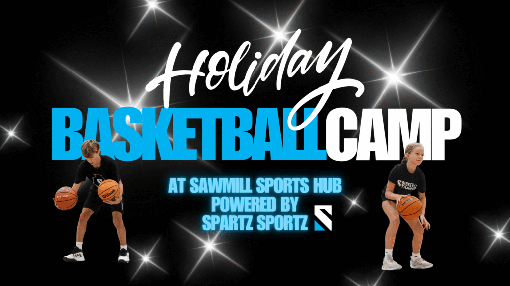 A graphic with info about Sawmill's basketball holiday camp powered by Spartz Sportz