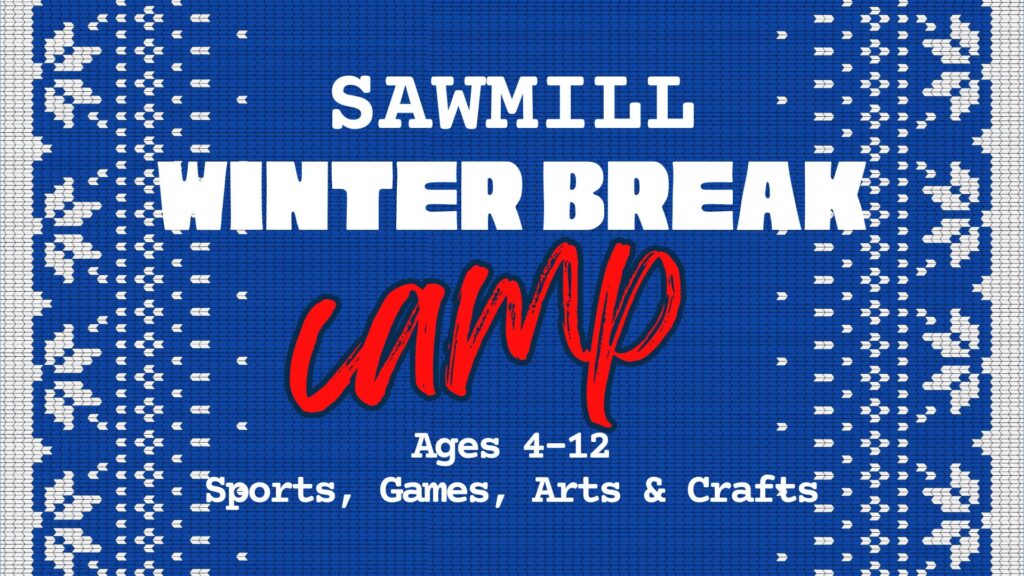 A holiday pattern (like a holiday sweater) featuring text that has the dates and ages for the Sawmill winter break holiday day camp.