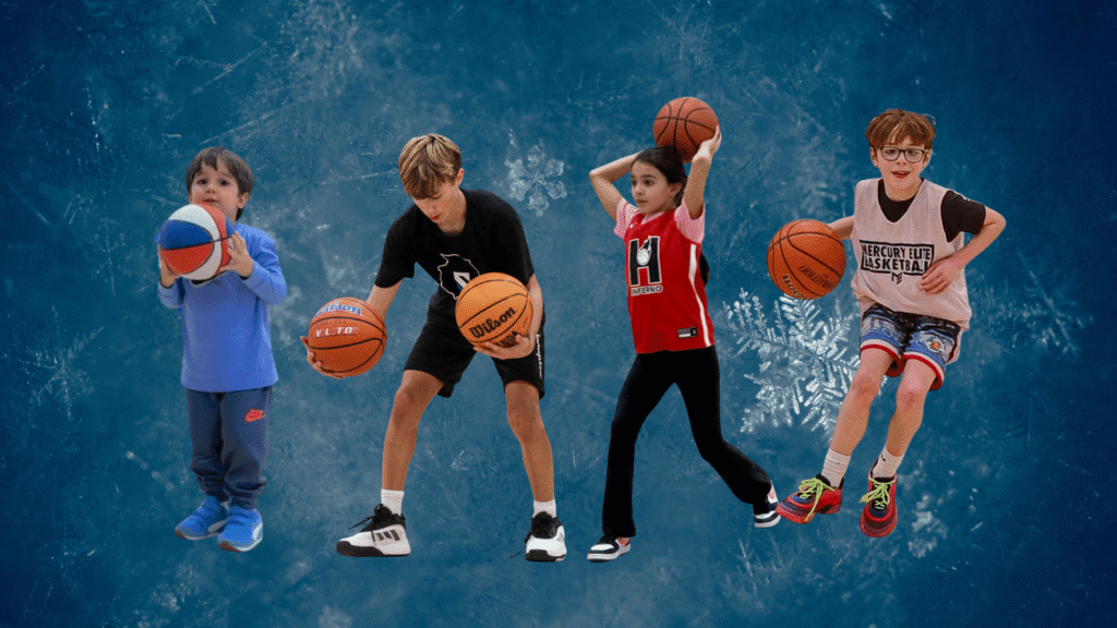 Kids ages 3-14 playing basketball indoors at Sawmill Sports Hub during the winter break basketball camp powered by Spartz Sportz.