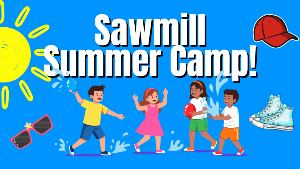 A colorful graphic of summertime items like a sun, sneakers and sunglasses with kids having a water balloon fight at Sawmill Sports Hub's summer activity camp.
