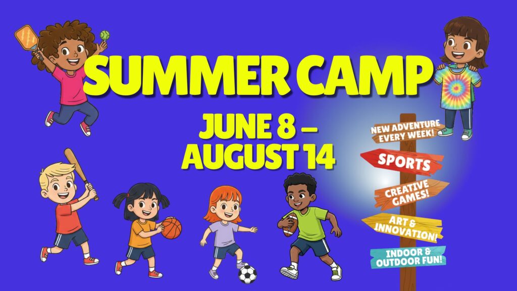 A cartoon graphic of the summer camp dates for 2026 and kids playing different activities.