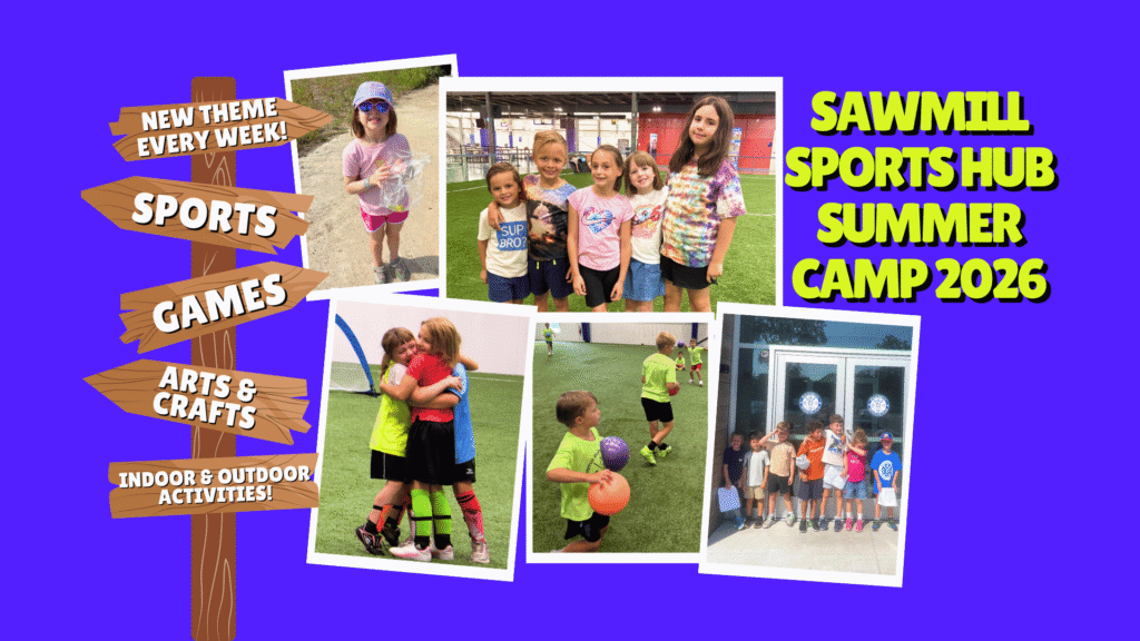 A collage of summer camp images--kids playing dodgeball, posing outside and playing soccer.