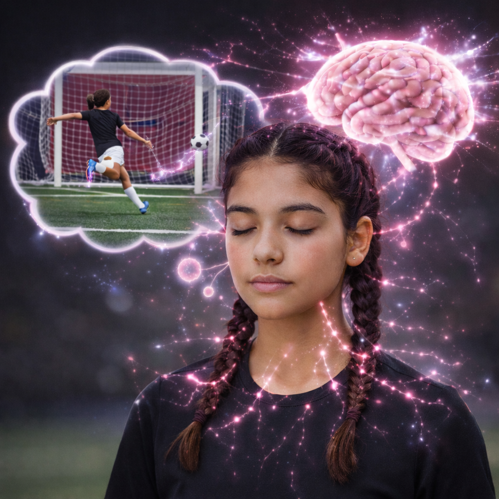 A girl imagines scoring a soccer goal with a floating brain near her head that has synpases going off.