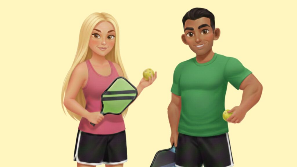 A graphic of middle aged adults holding pickleball paddles.