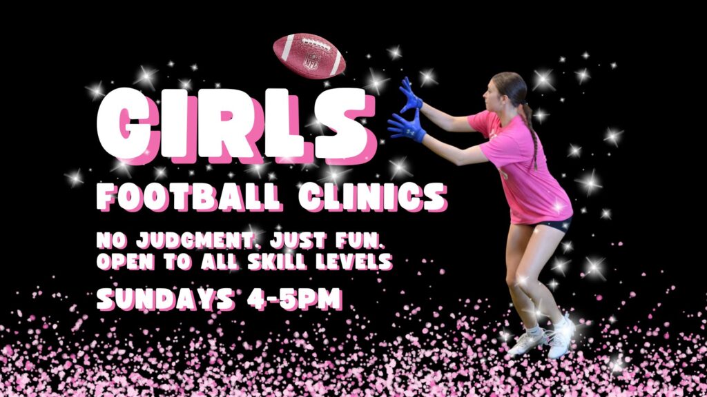 Middle school athlete practicing catching drills during a girls flag football clinic at Sawmill Sports Hub.