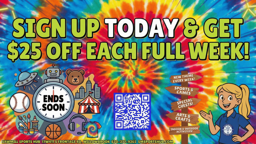 A vibrant tie-dye graphic highlighting Sawmill's upcoming summer camp & current savings