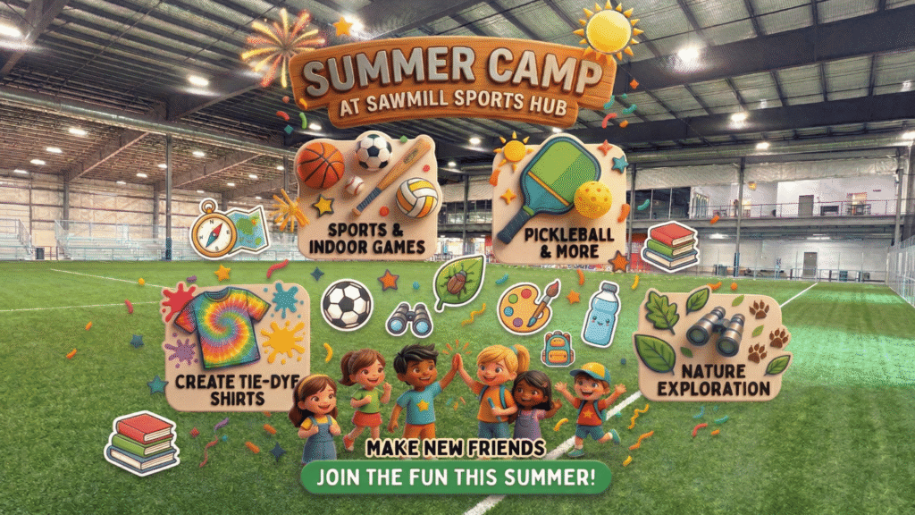 A colorful graphic of kids playing different activities at Sawmill Sports Hub's summer camp.