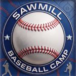 A baseball with the words Sawmill Baseball Camp around it